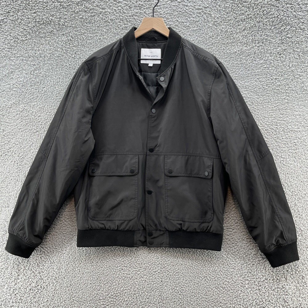 Peter Werth Jacket Men Large Black Nylon Quilt Lined Bomber Snap Up Pockets Coat